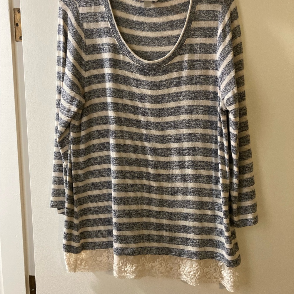 Blue and white striped sweater with lace
